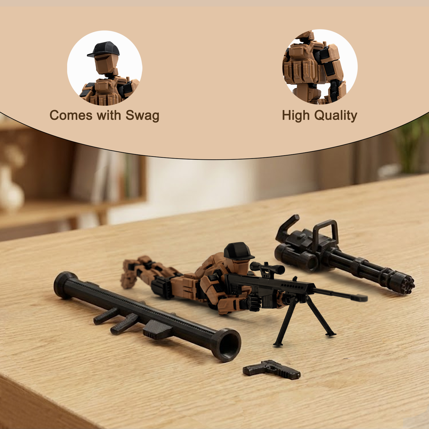 Military Soldier Dummy 13 Robot Action Figure with Weapons, Brown and Black, 5.25 Inch, Articulated Joints, Plastic, Modern Robot Theme