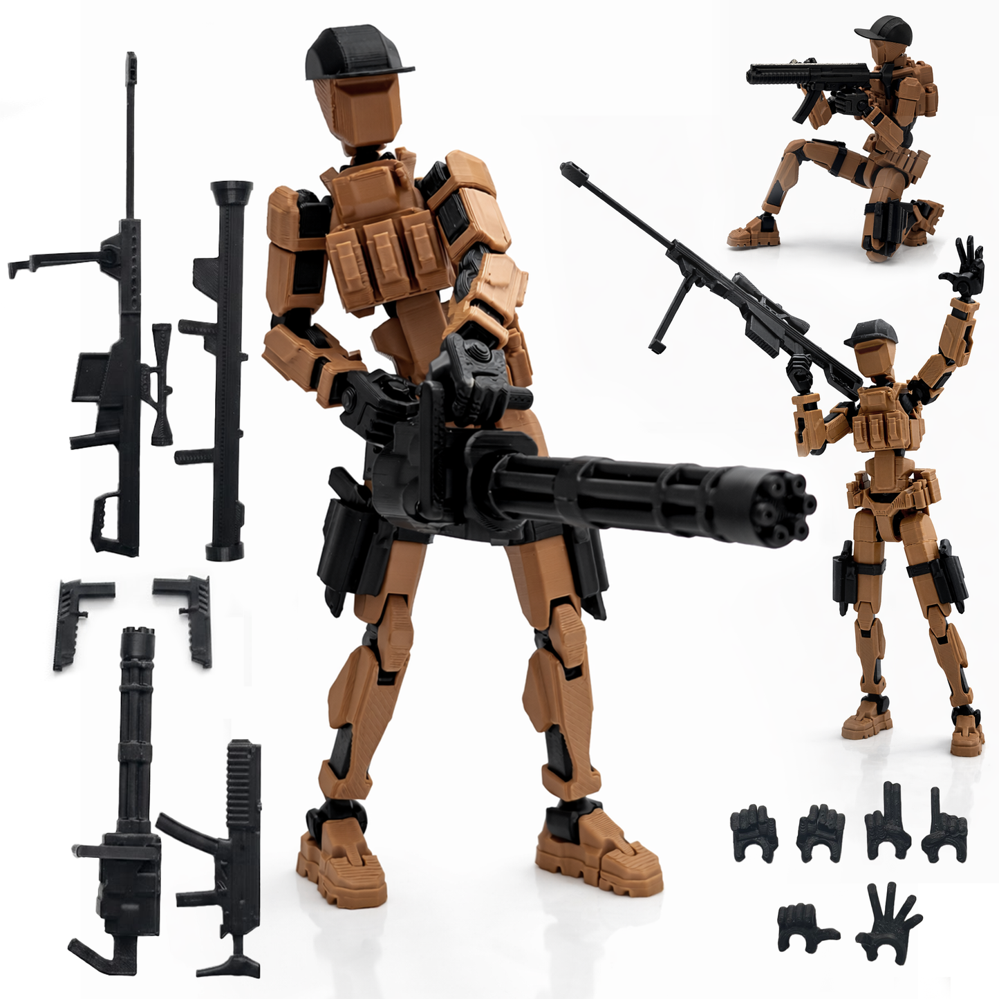 Military Soldier Dummy 13 Robot Action Figure with Weapons, Brown and Black, 5.25 Inch, Articulated Joints, Plastic, Modern Robot Theme