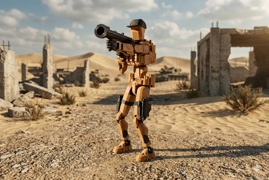 Military Soldier Dummy 13 Robot Action Figure with Weapons, Brown and Black, 5.25 Inch, Articulated Joints, Plastic, Modern Robot Theme